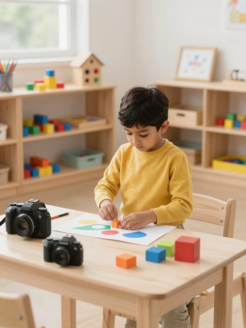 A child playing with blocks at a classroom table