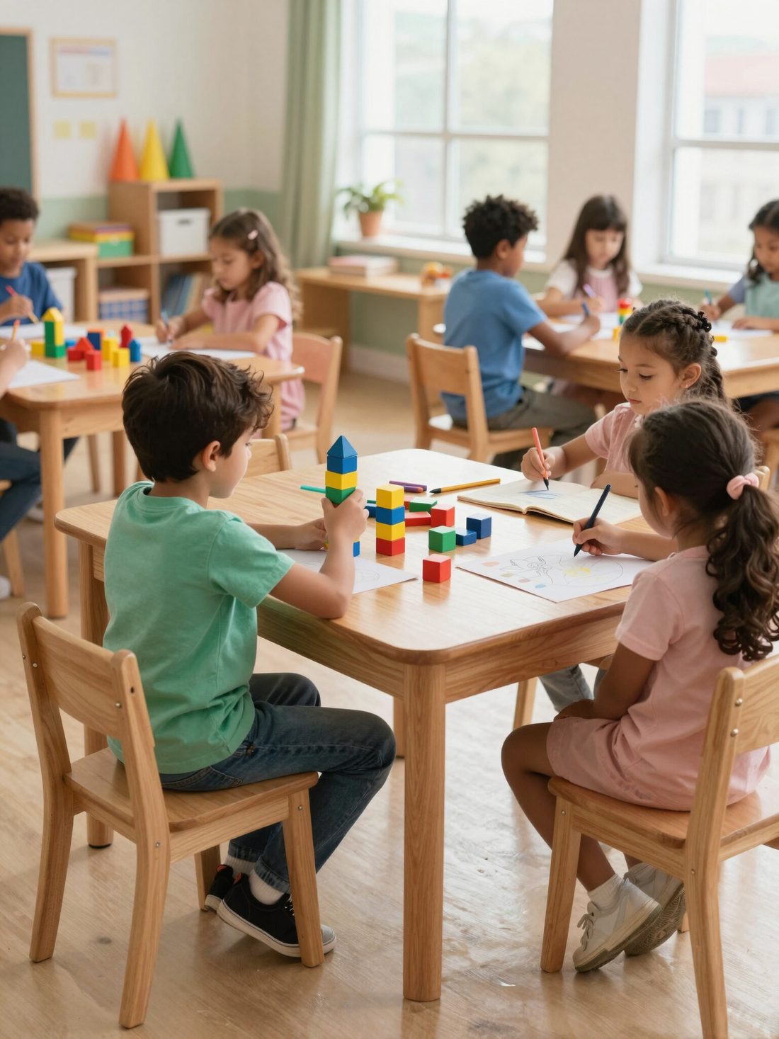 Children learning together around classroom tables