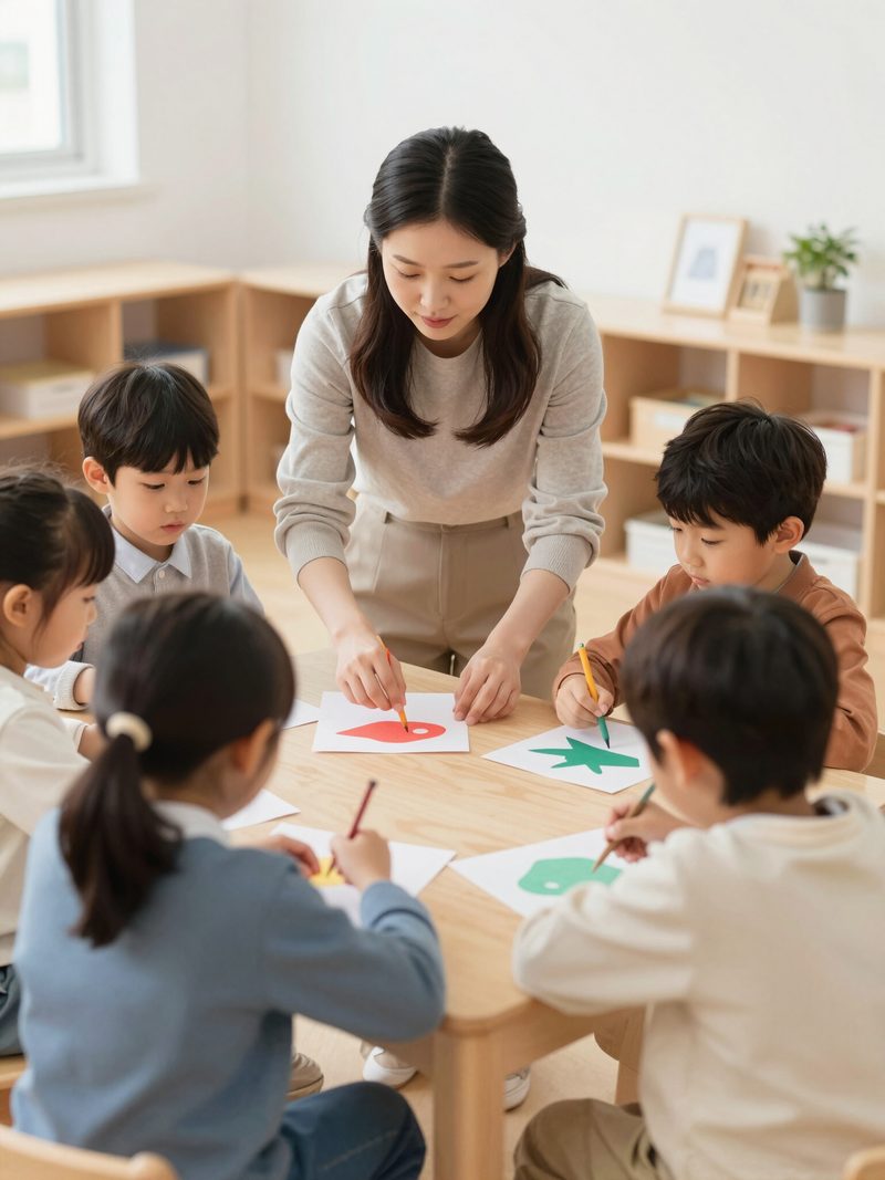 A teacher guiding children during an art activity