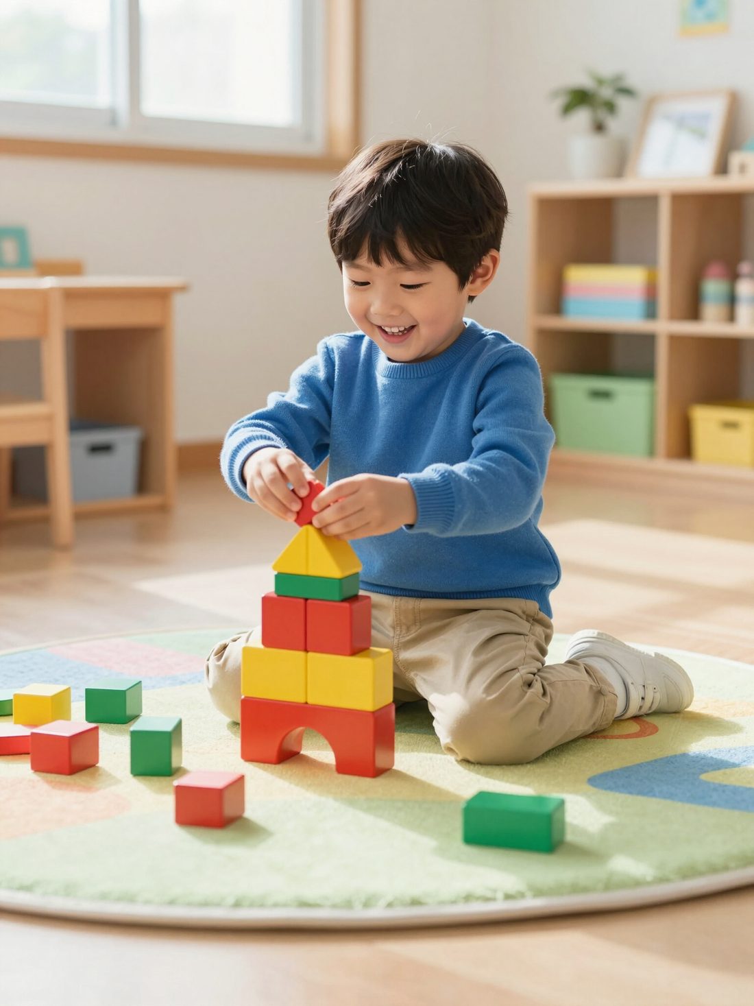 A young child building a tower with colorful blocks in a classroom