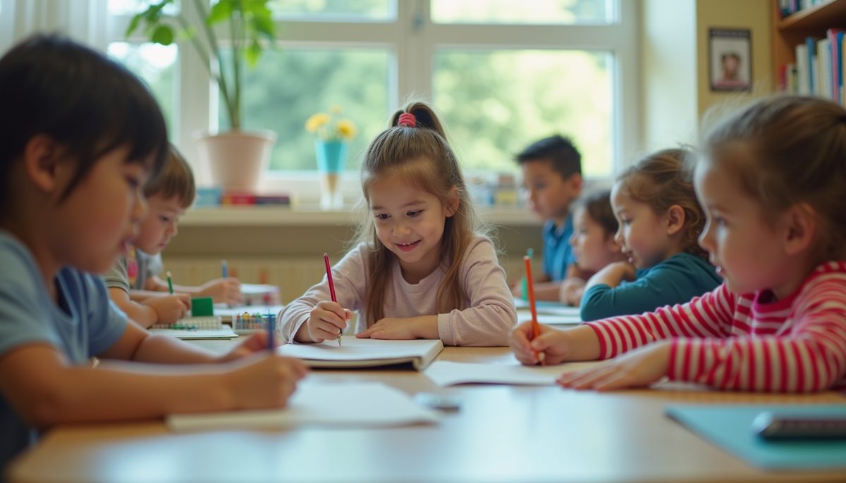 Eye-level view of a colorful classroom filled with children engaged in learning activities