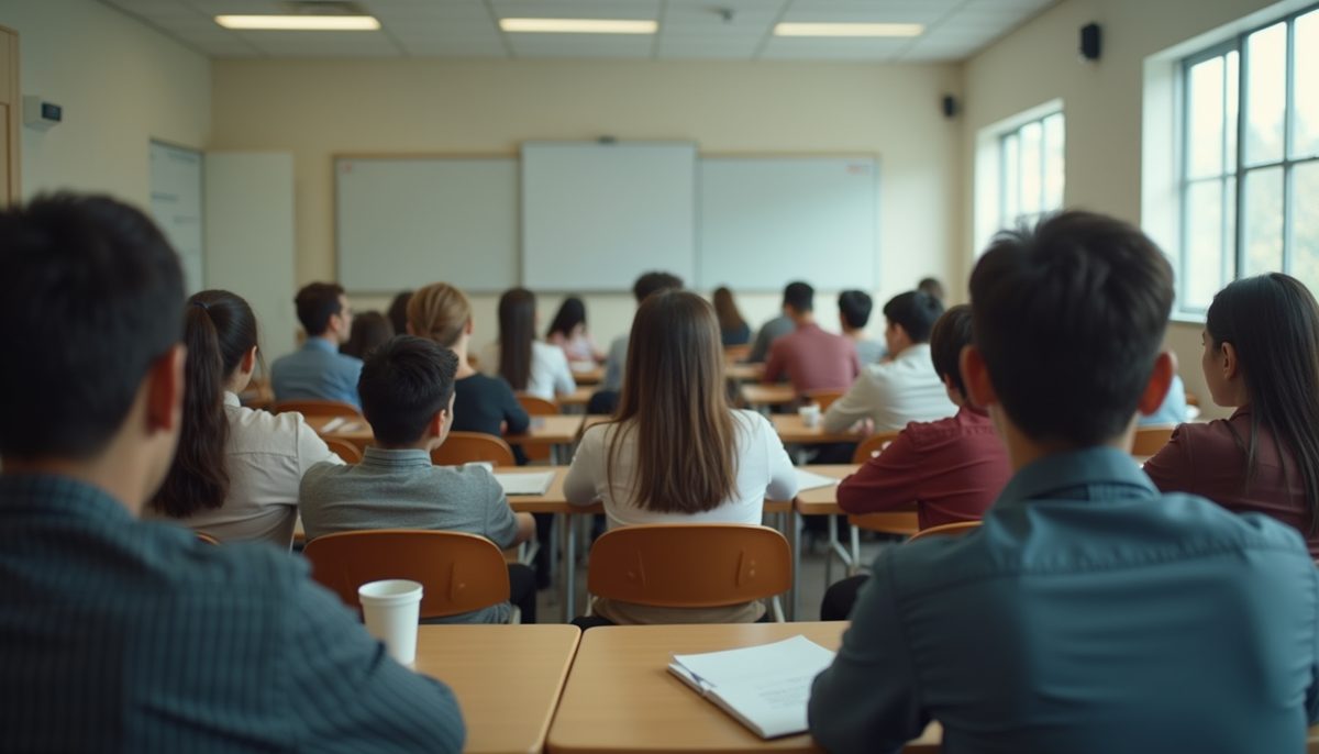 Eye-level view of a classroom filled with engaged students