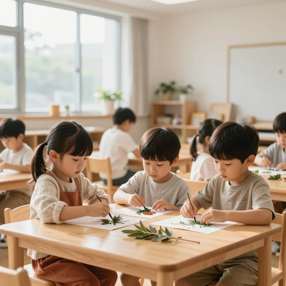 Children working on a nature art project at classroom tables